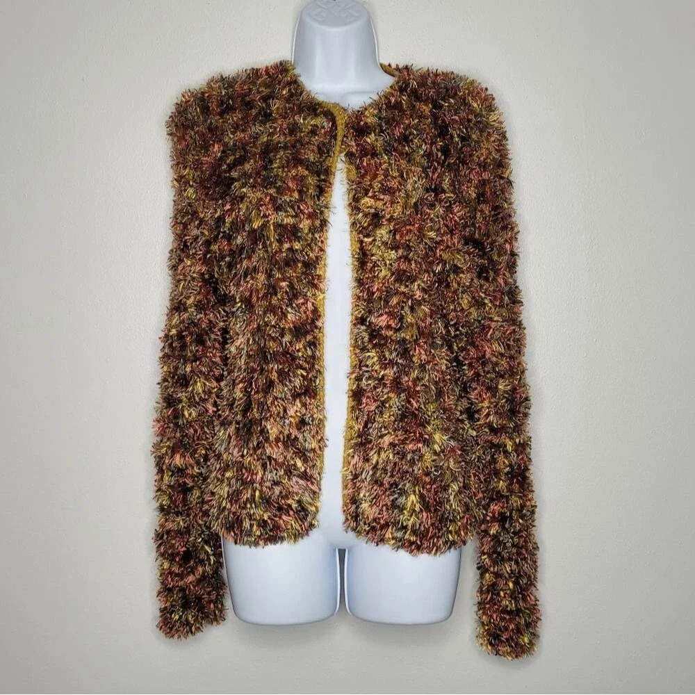Vintage 80s 90s Colorful Maximalist Shaggy Rainbow Cardigan Hippie Quirky Med
